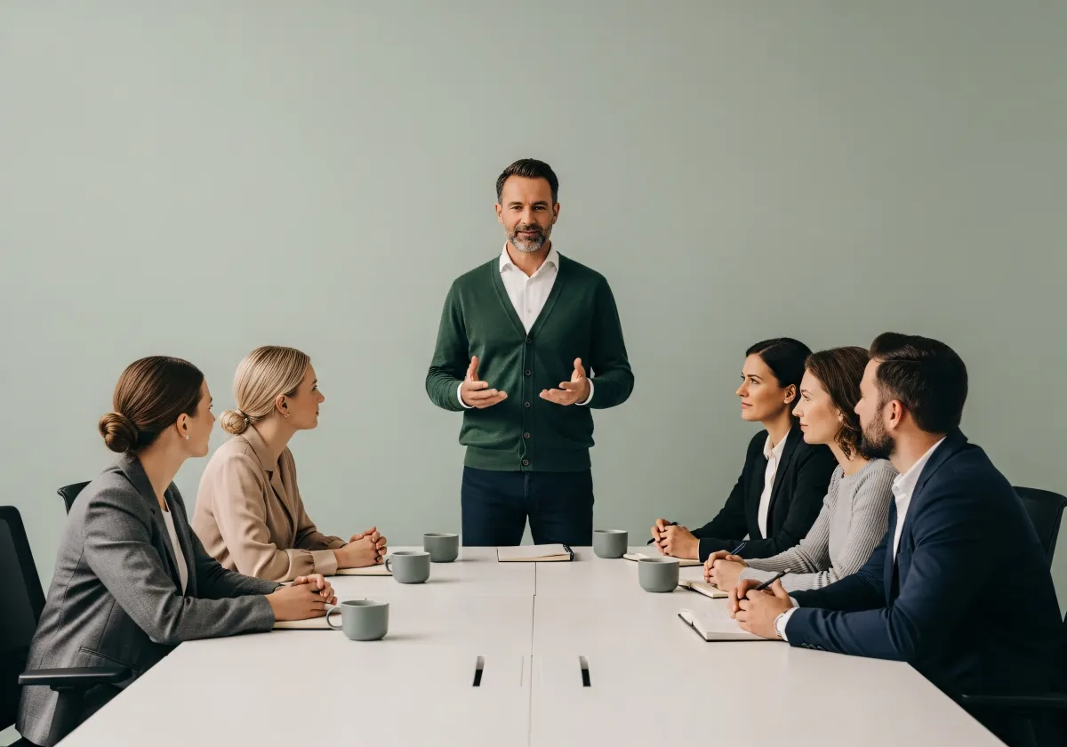 Equipa reunida em sala de reuniões
