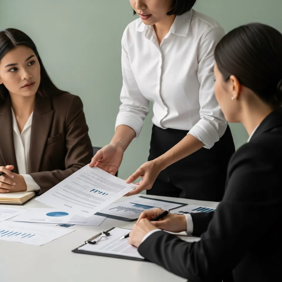 Consultor apresenta etapas ao cliente em escritório